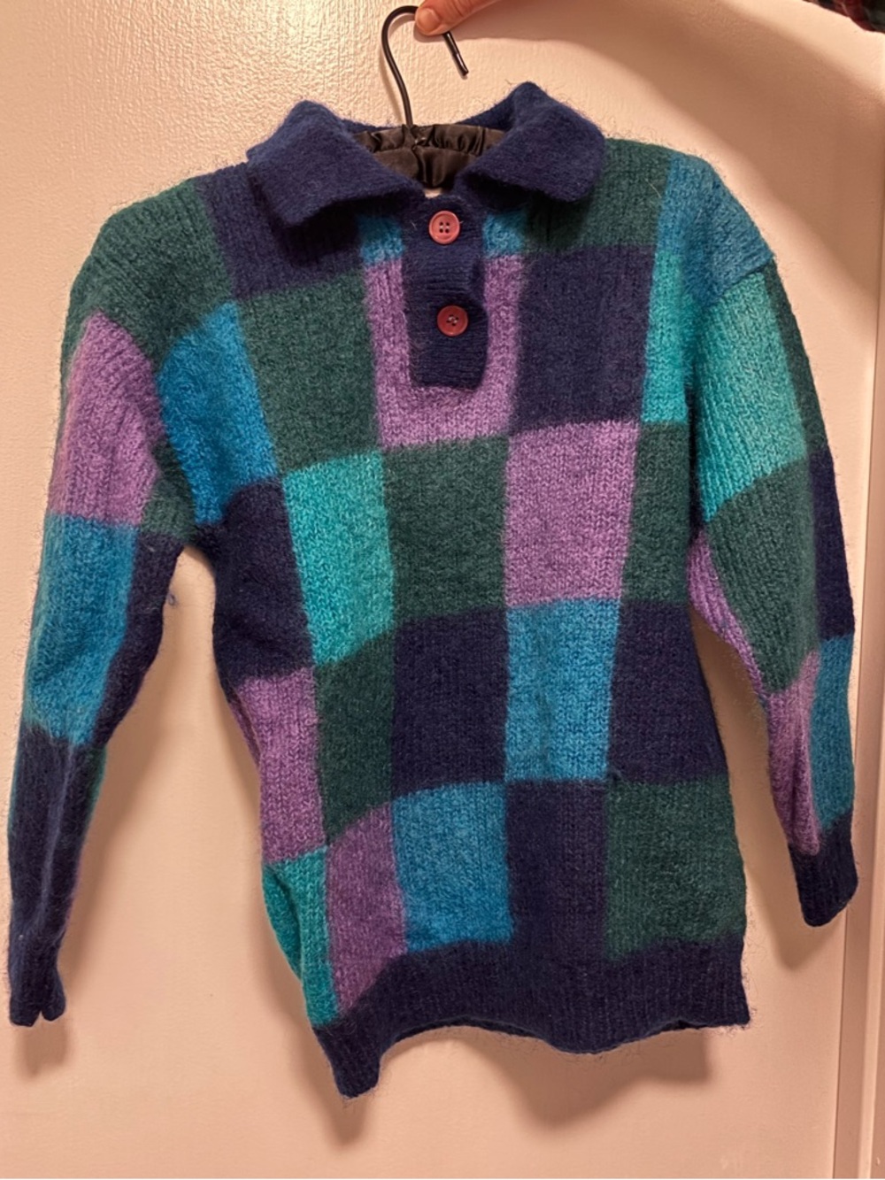 Intuitions Checkered Mohair Collar Polo Sweater in Blue Green Purple Checked